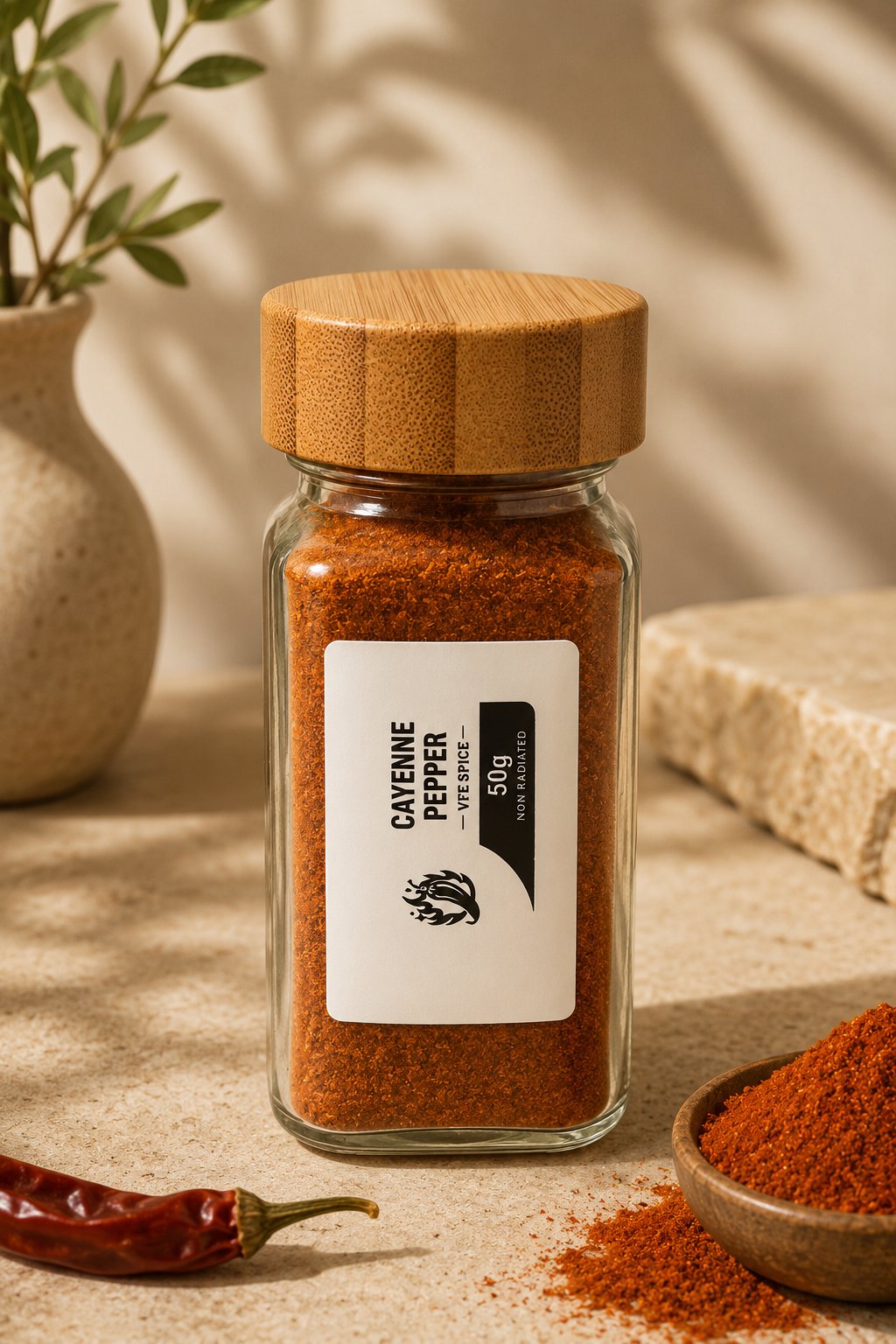 VFE Crimson Cayenne Pepper 50g glass jar with bamboo lid